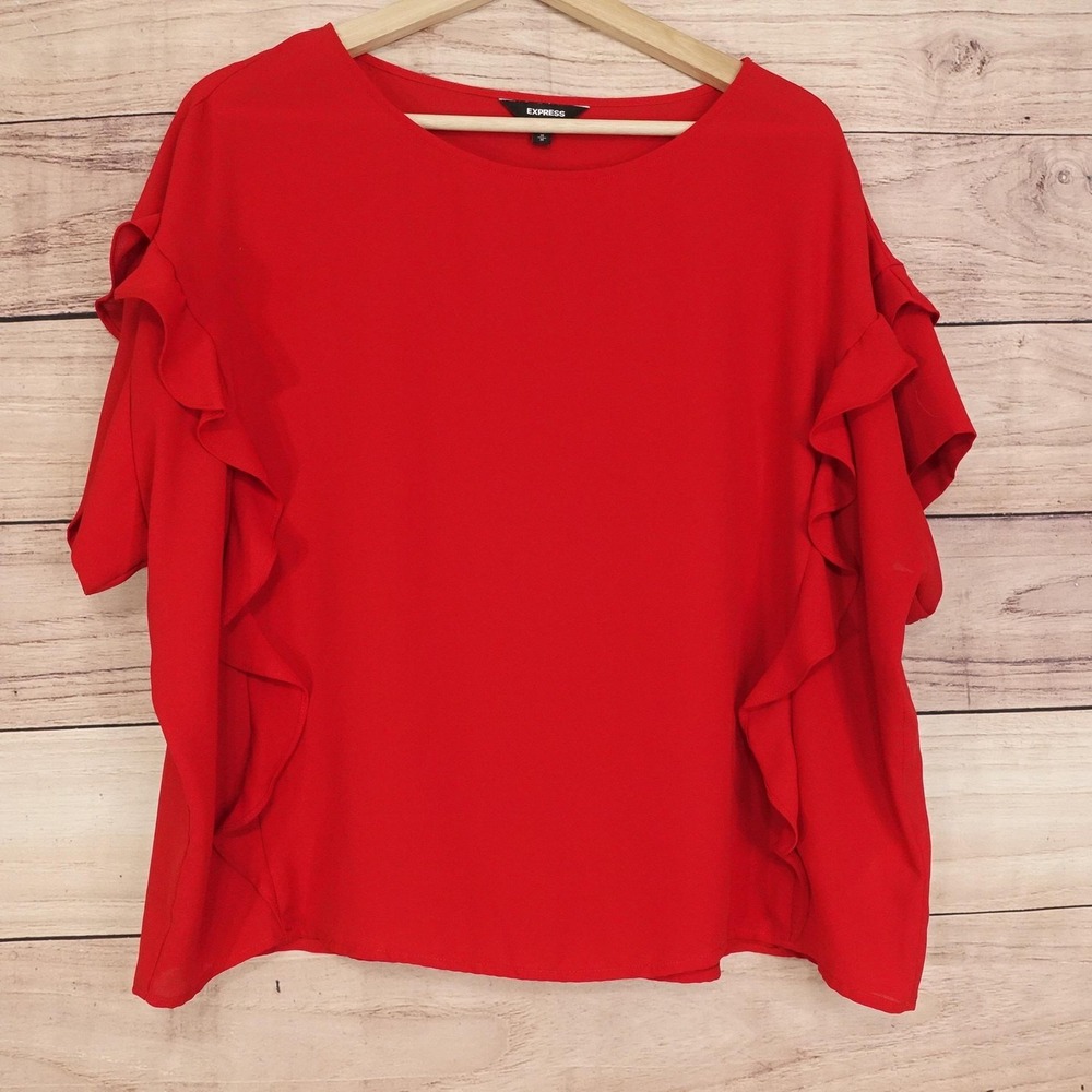 Express Blouse Womens M Red Boat Neck Short Flutter Sleeve Ruffle Chiffon Top
